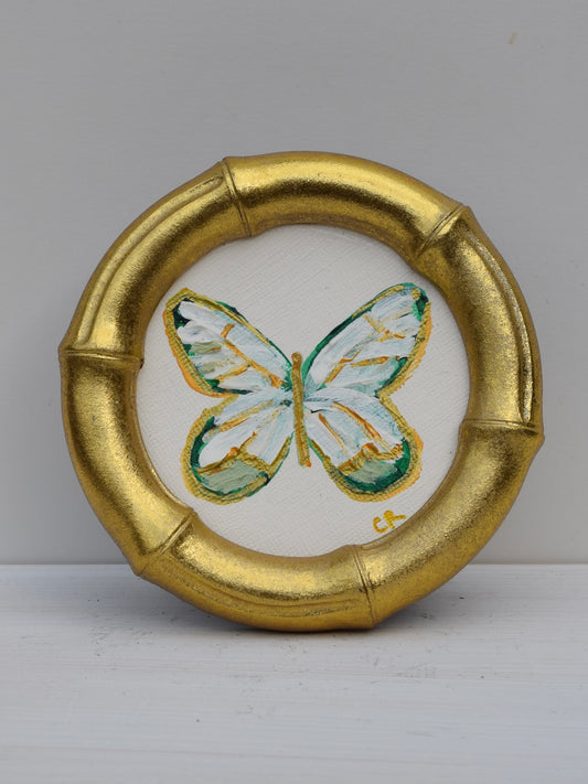 White and Green Butterfly in Gold Round or Square Frame