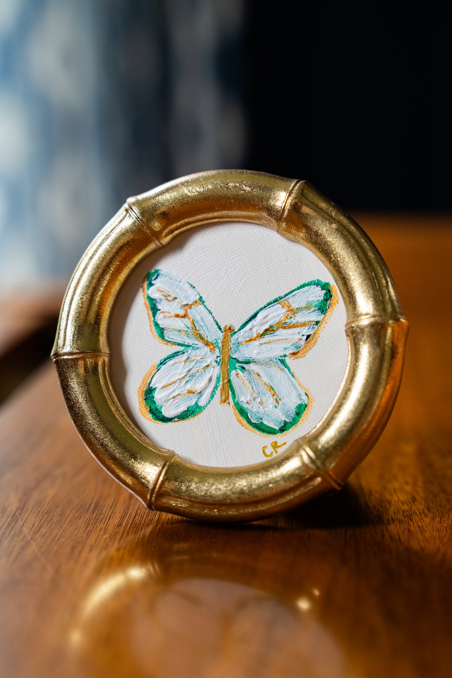 White and Green Butterfly in Gold Round or Square Frame