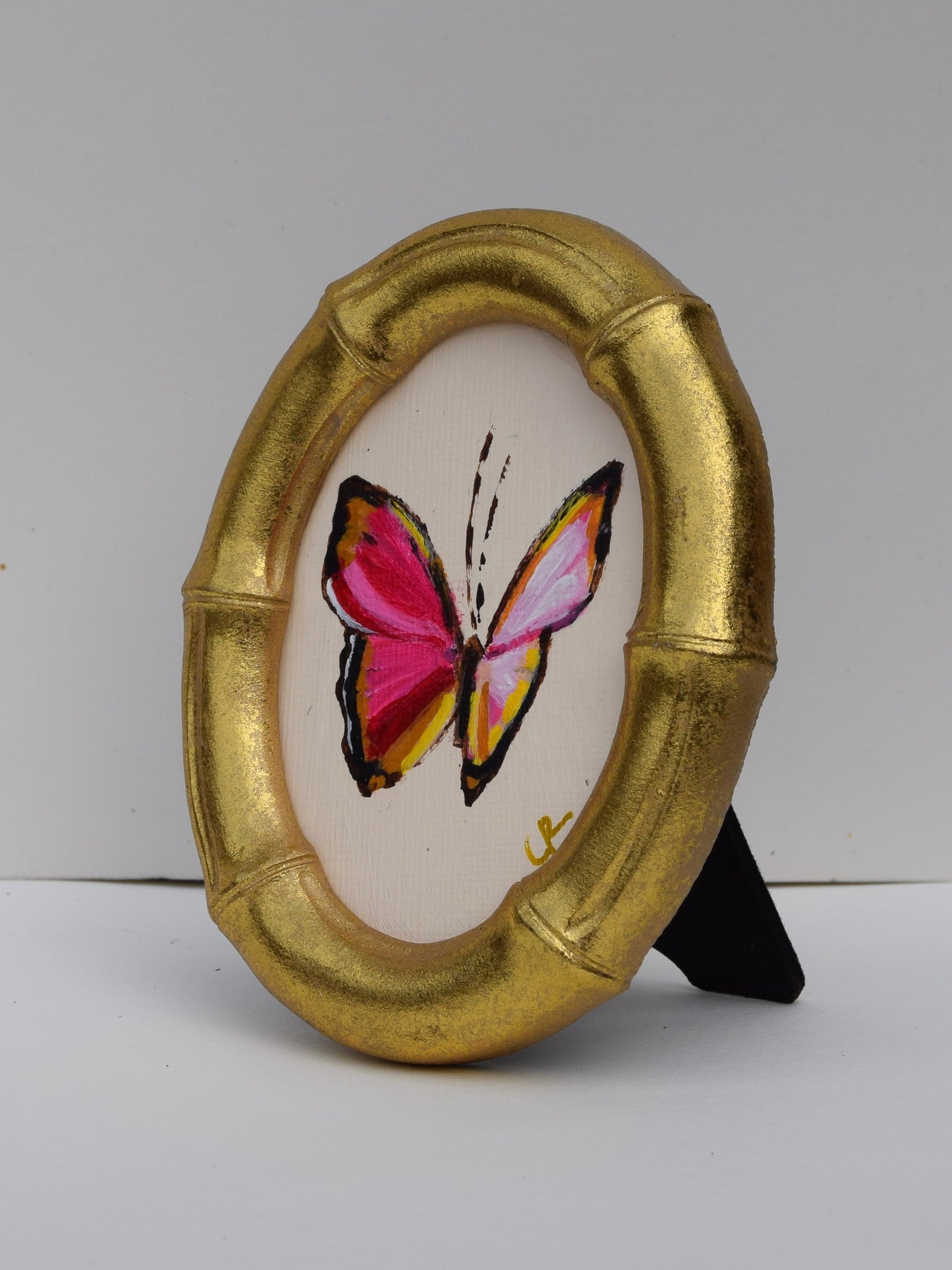 Pink Butterfly in Gold Oval or Rectangle Frame