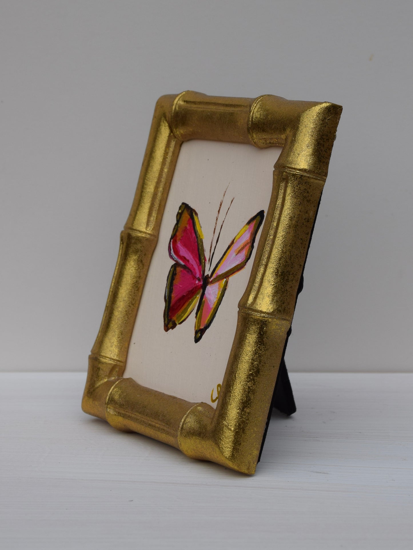 Pink Butterfly in Gold Oval or Rectangle Frame