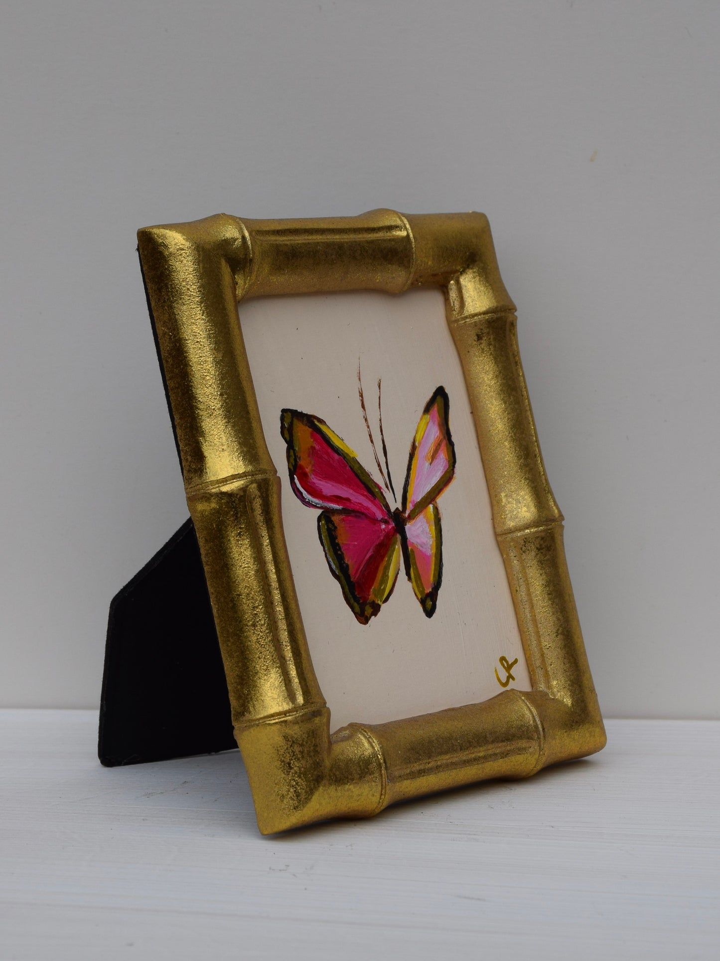 Pink Butterfly in Gold Oval or Rectangle Frame