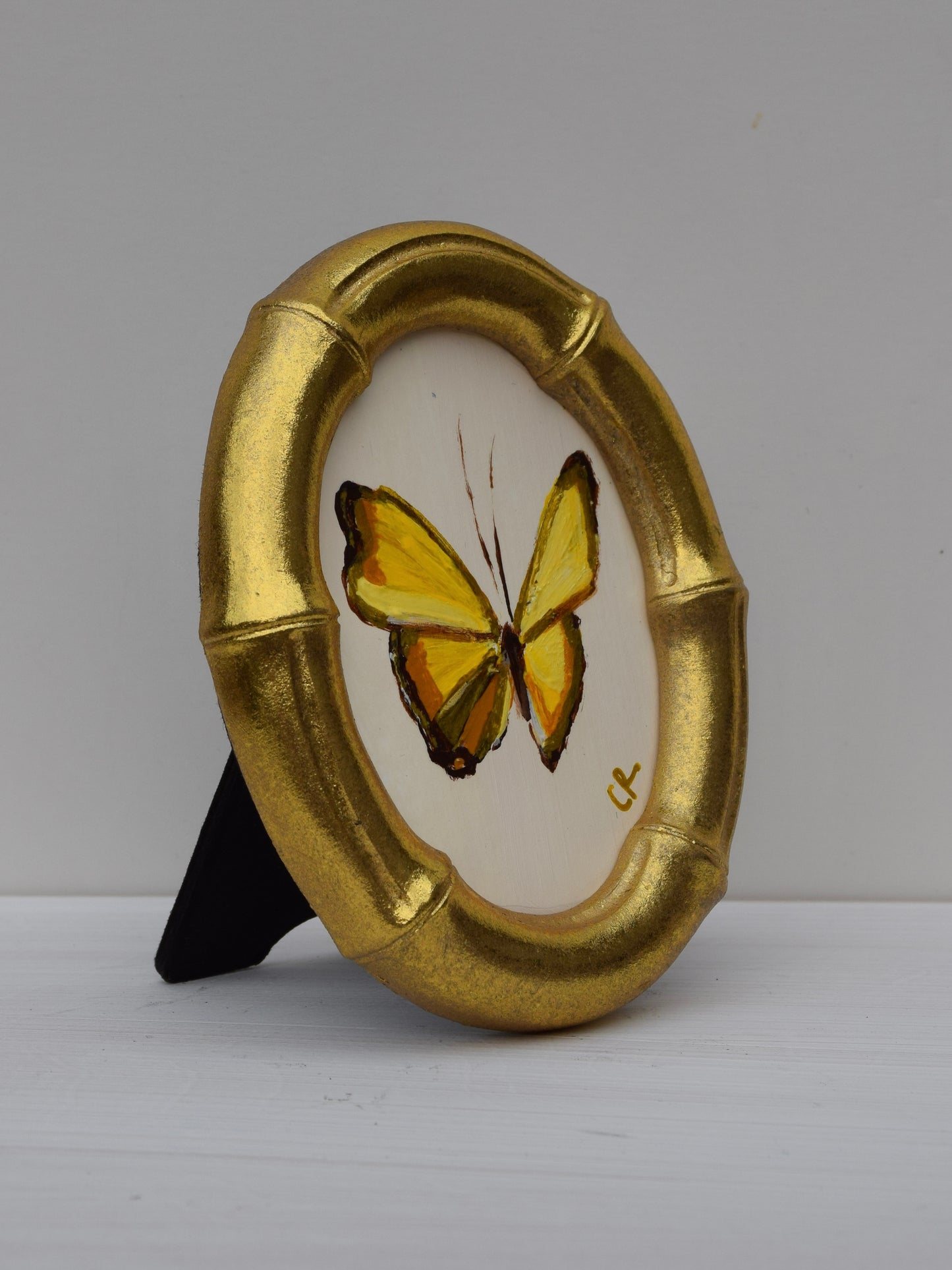 Yellow Butterfly in Gold Oval or Rectangle Frame