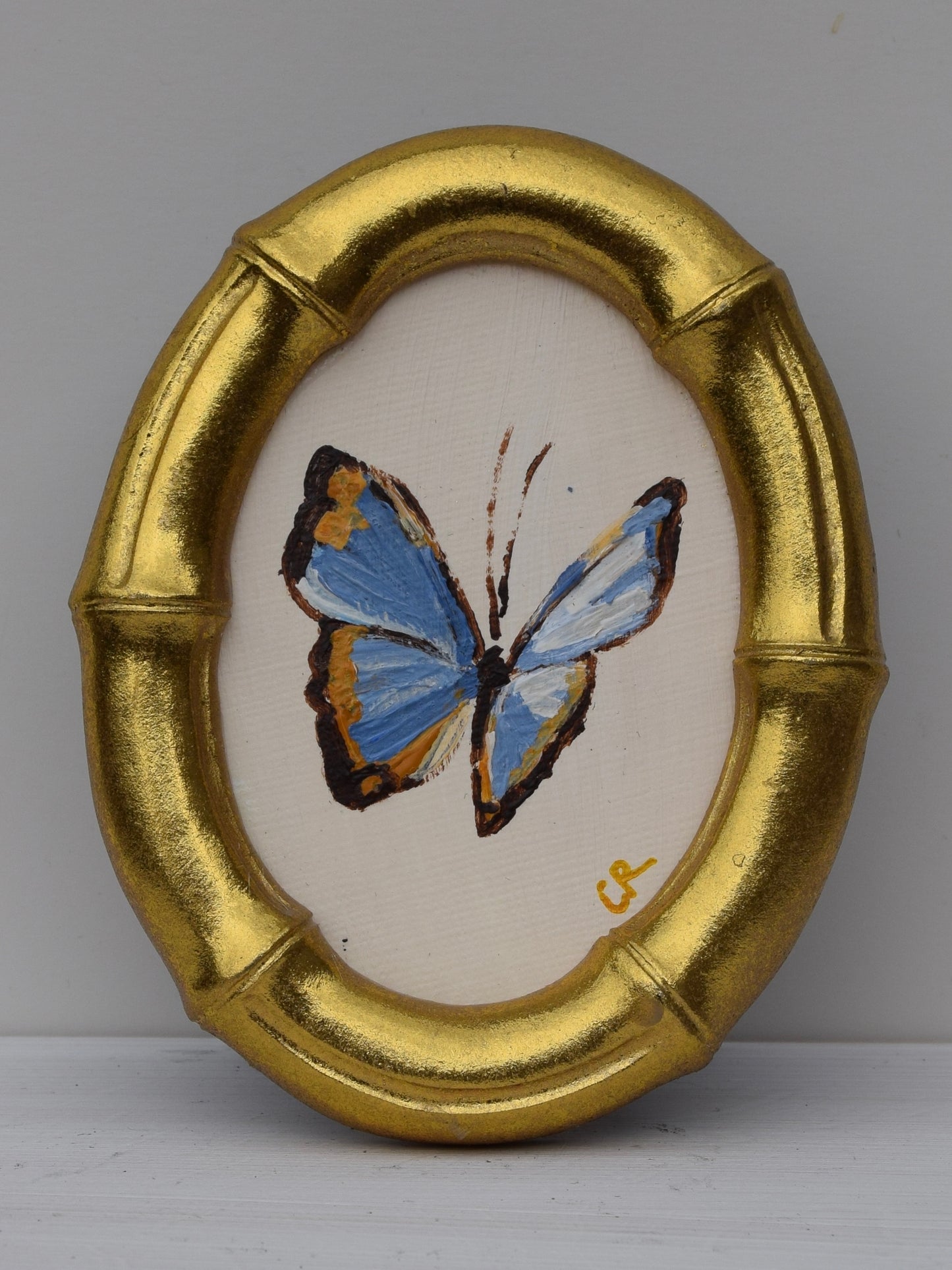 Blue Butterfly in Gold Oval or Rectangle Frame