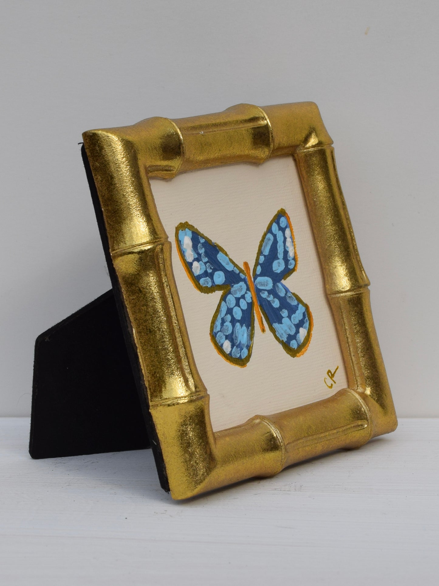 Blue Butterfly in Gold Round or Square Frame