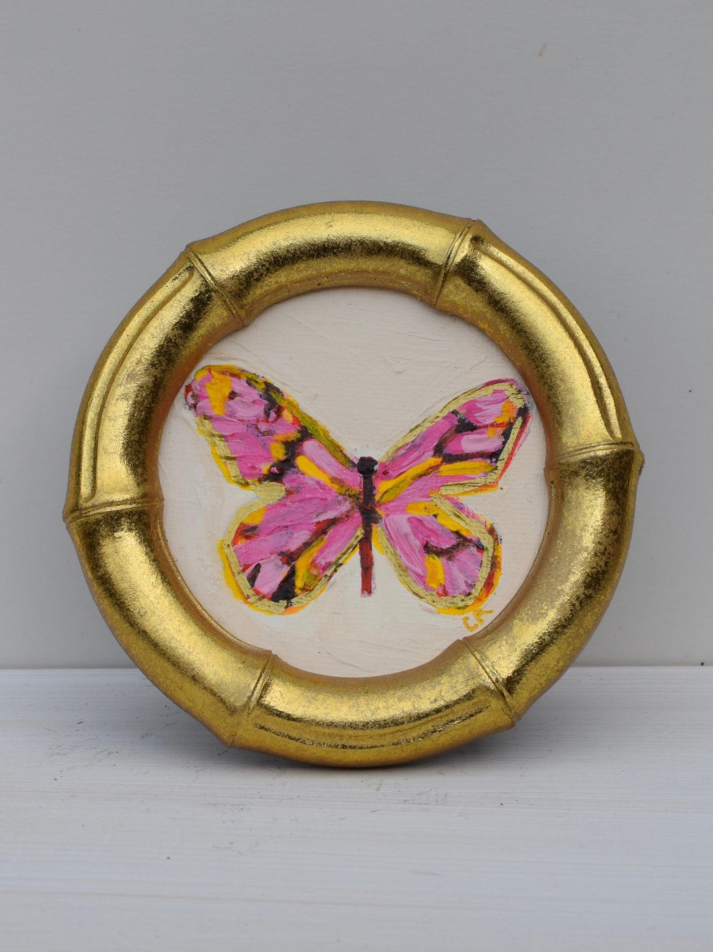 Pink Butterfly in Gold Round or Square Frame