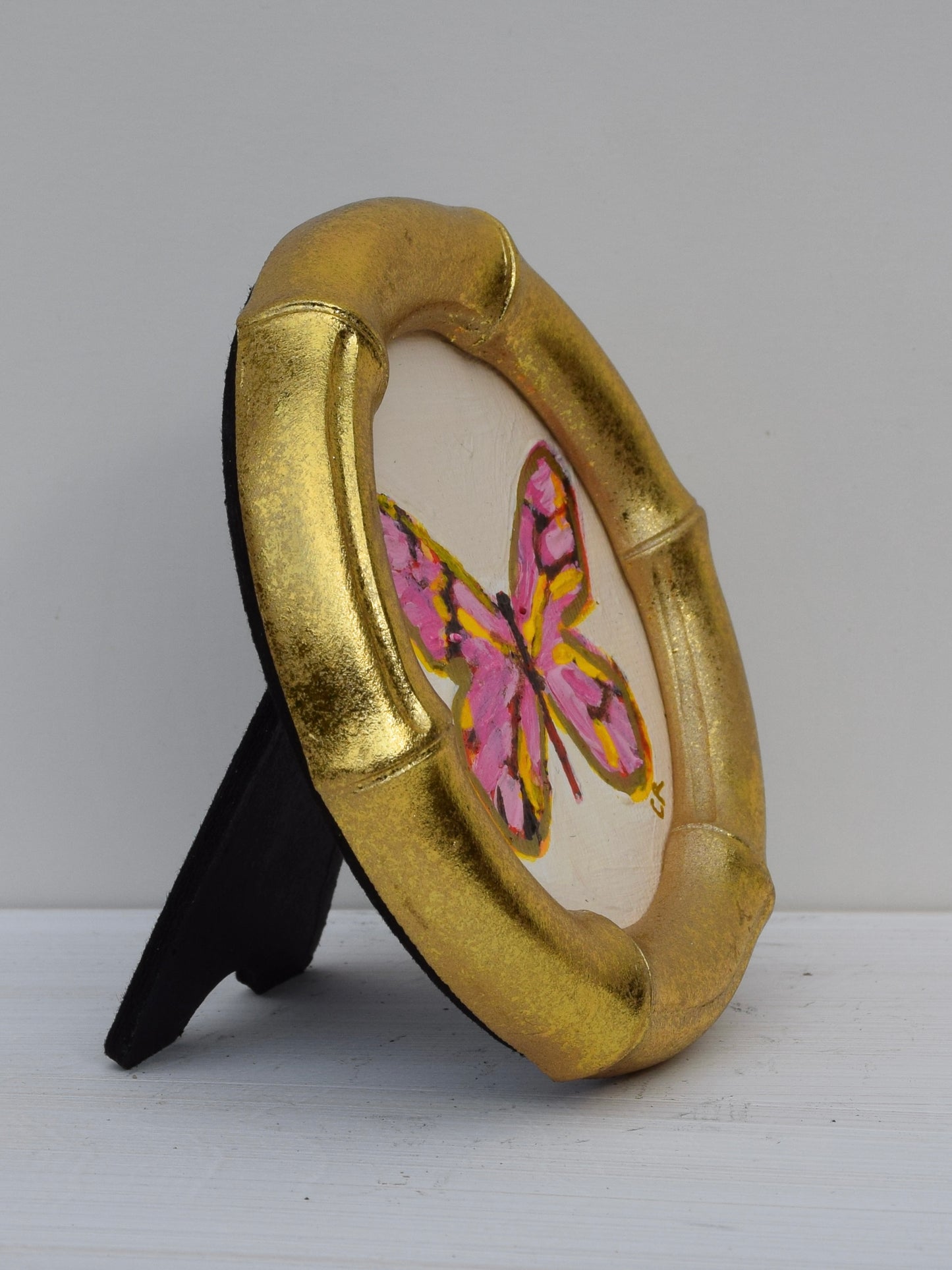 Pink Butterfly in Gold Round or Square Frame
