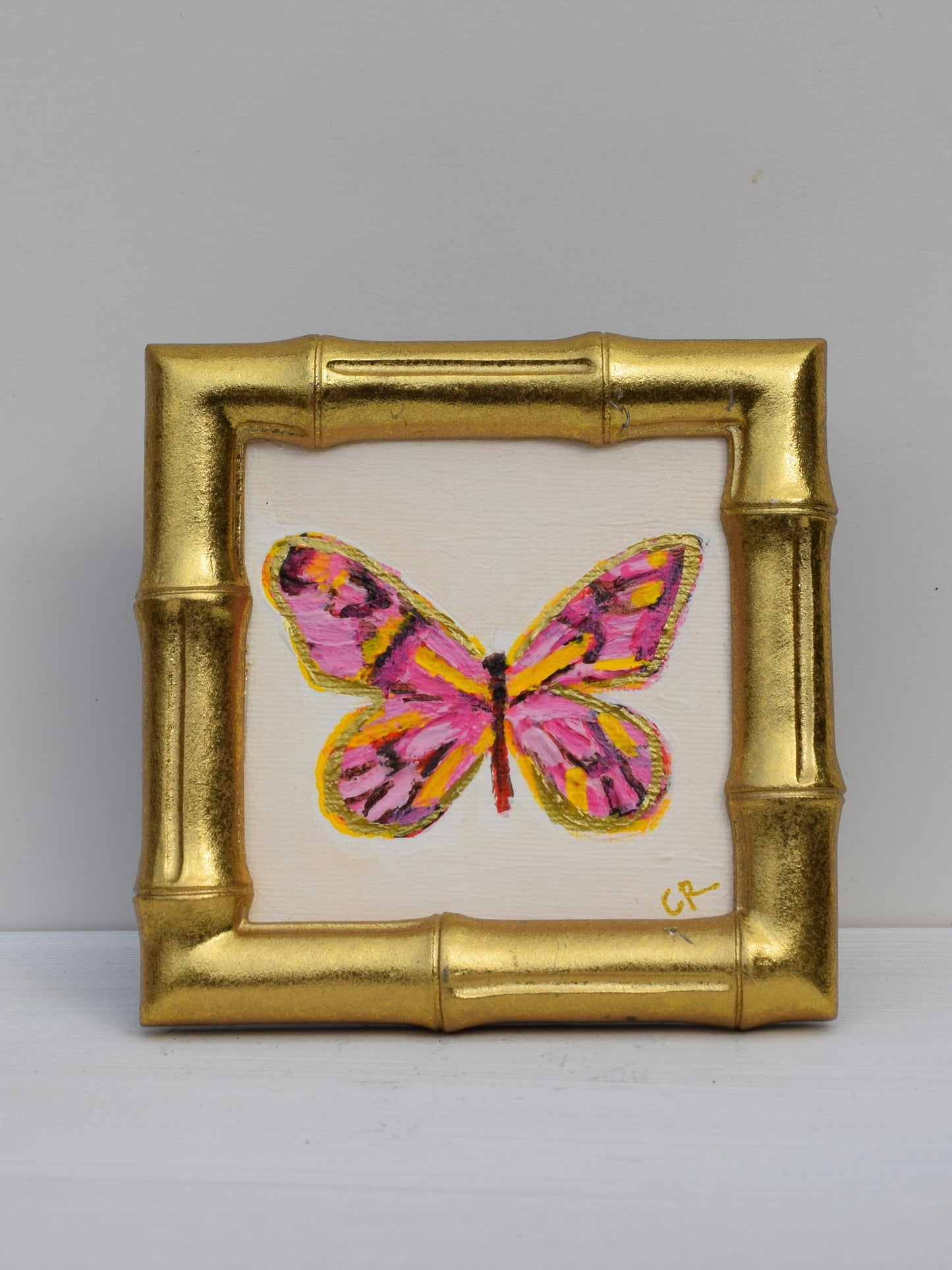 Pink Butterfly in Gold Round or Square Frame