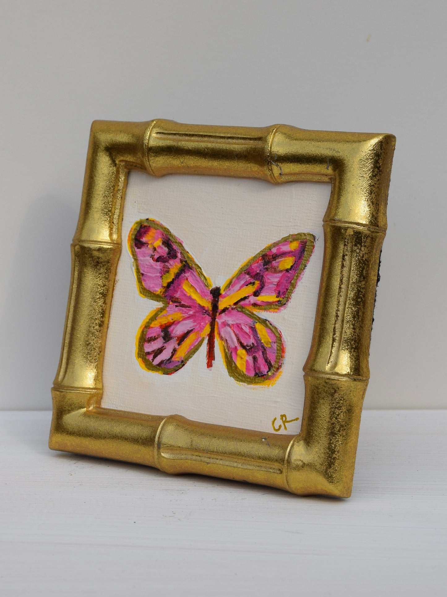 Pink Butterfly in Gold Round or Square Frame