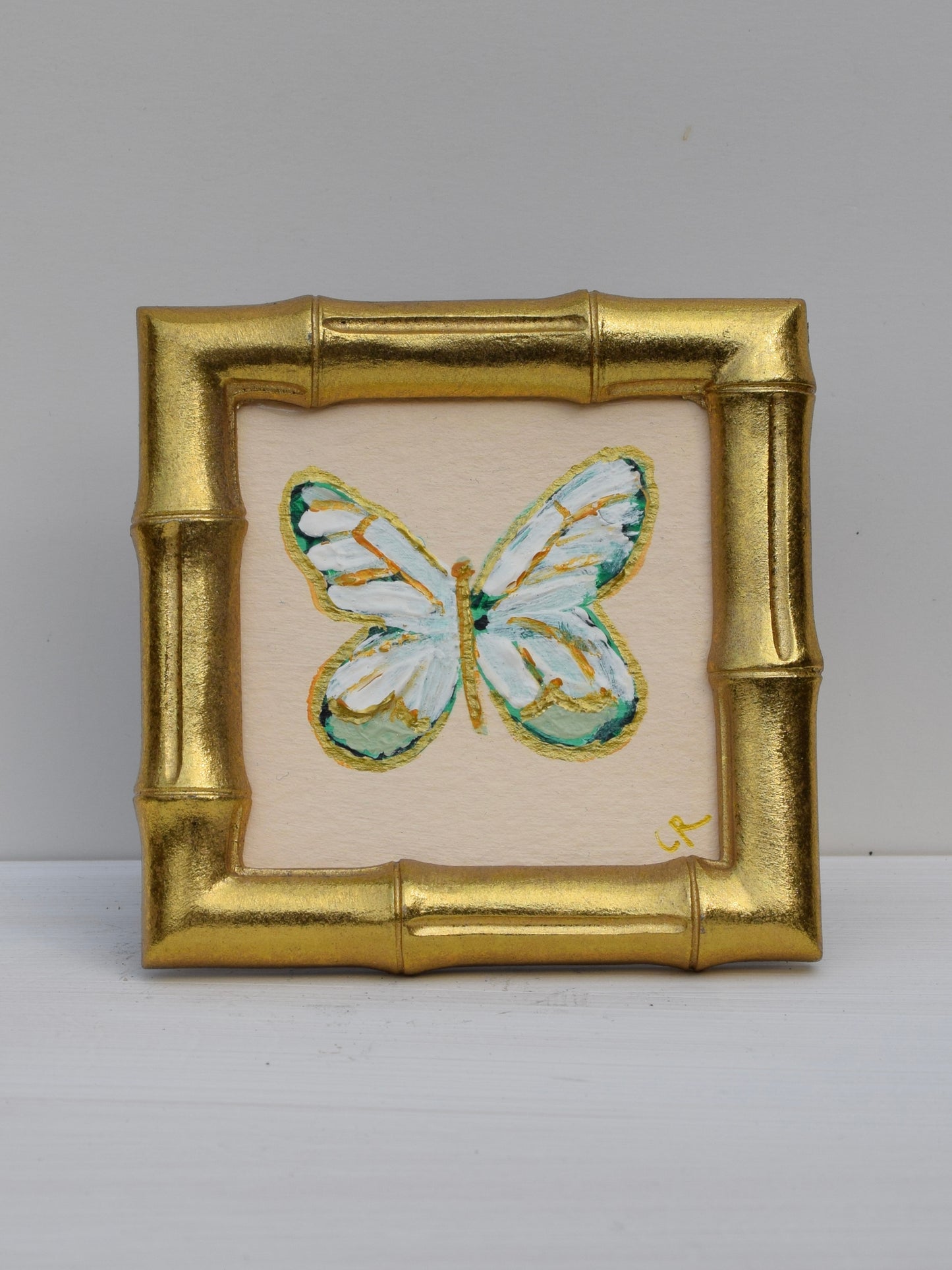 White and Green Butterfly in Gold Round or Square Frame