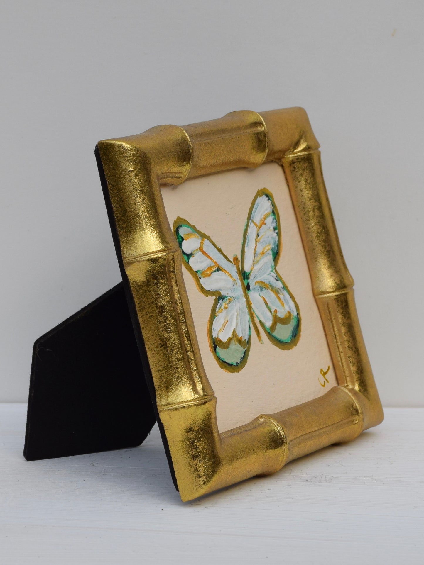 White and Green Butterfly in Gold Round or Square Frame