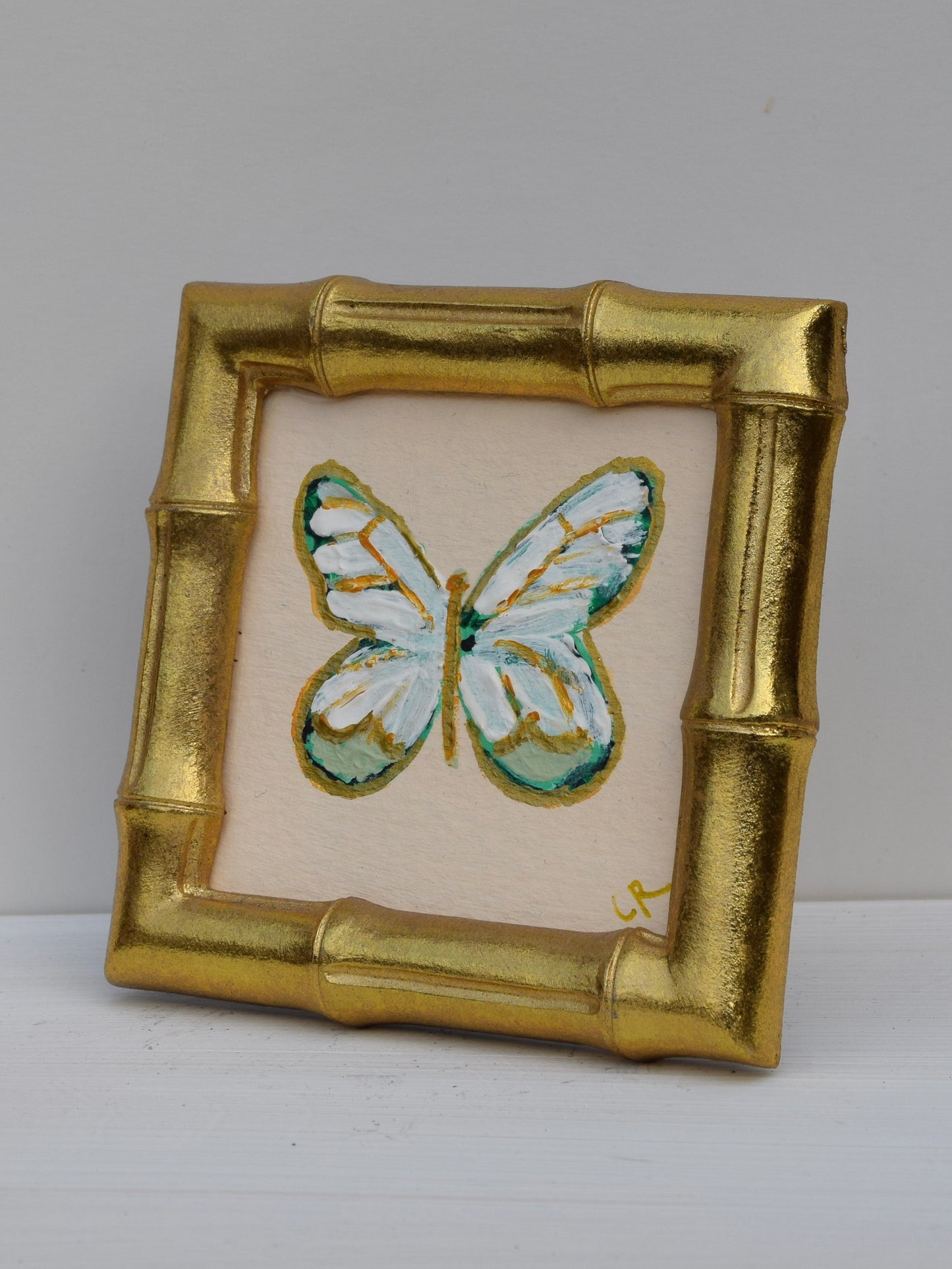 White and Green Butterfly in Gold Round or Square Frame