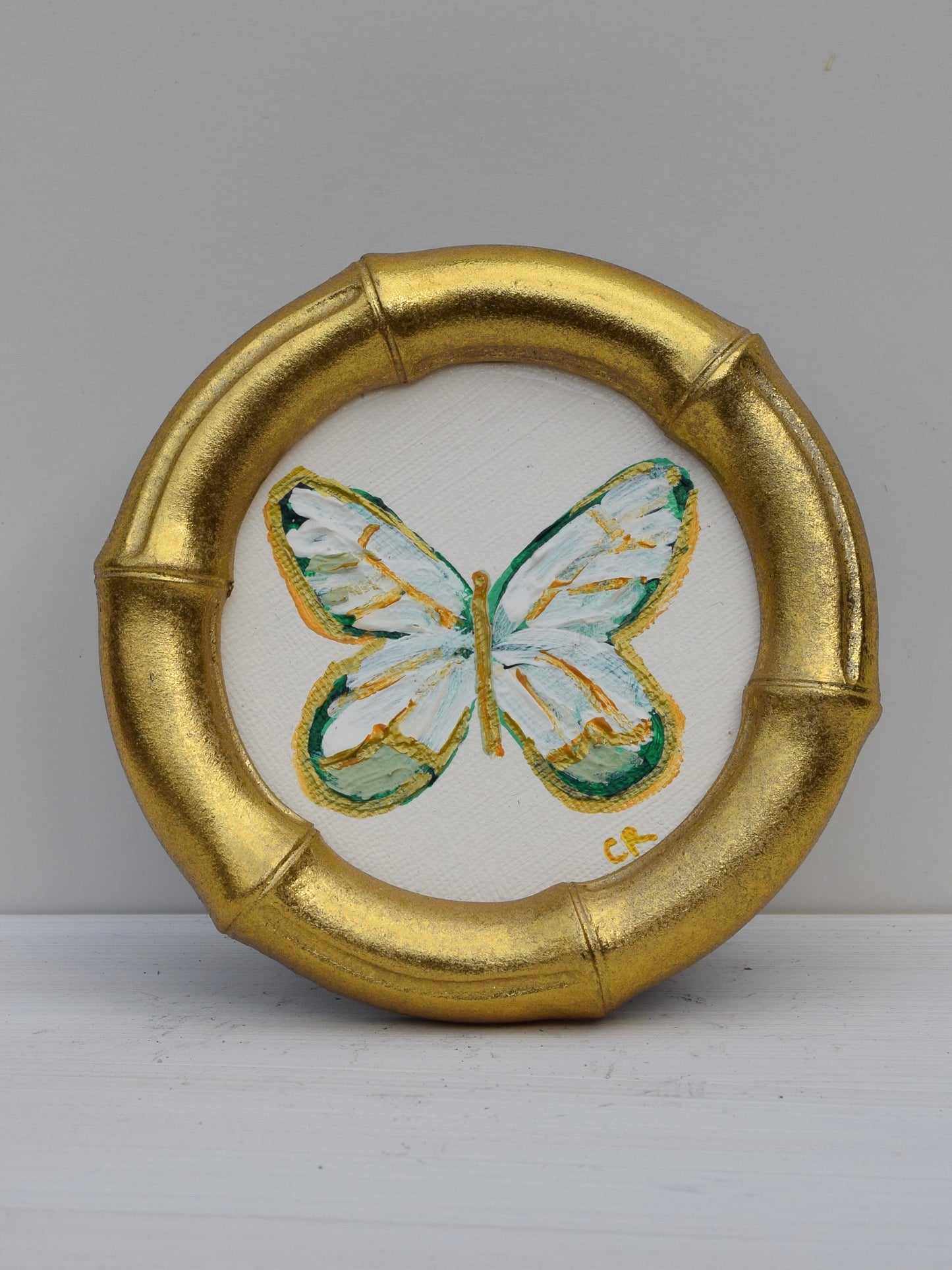 White and Green Butterfly in Gold Round or Square Frame