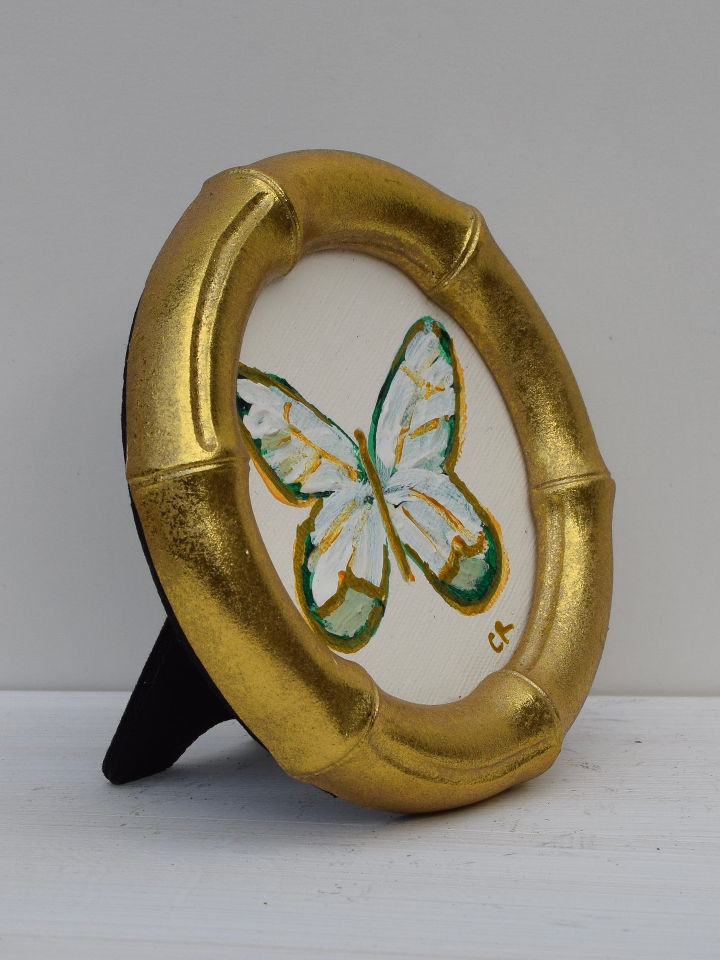 White and Green Butterfly in Gold Round or Square Frame