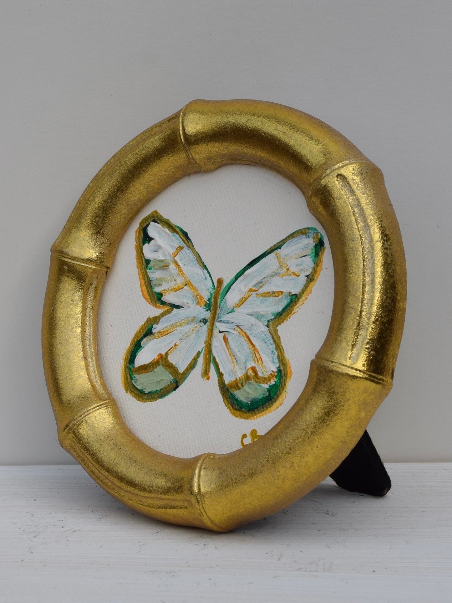 White and Green Butterfly in Gold Round or Square Frame