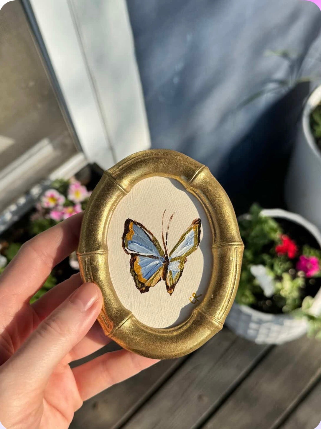 Blue Butterfly in Gold Oval or Rectangle Frame